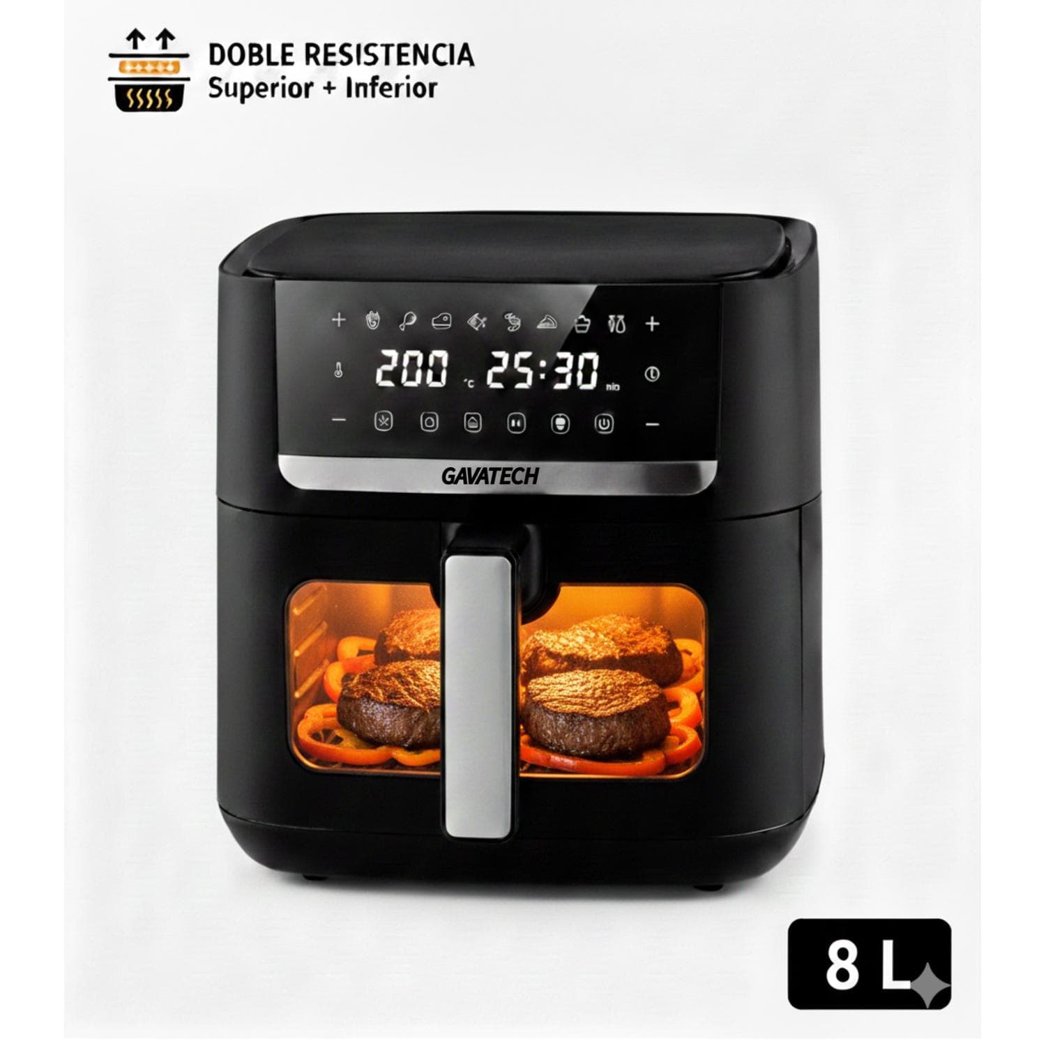GAVATECH Freidora de Aire 8L, 1800W de Alta Potencia, Doble Resistencia (Calor Superior e Inferior), Ventana de Visualización, Panel Táctil LED y Cesta Antiadherente.
