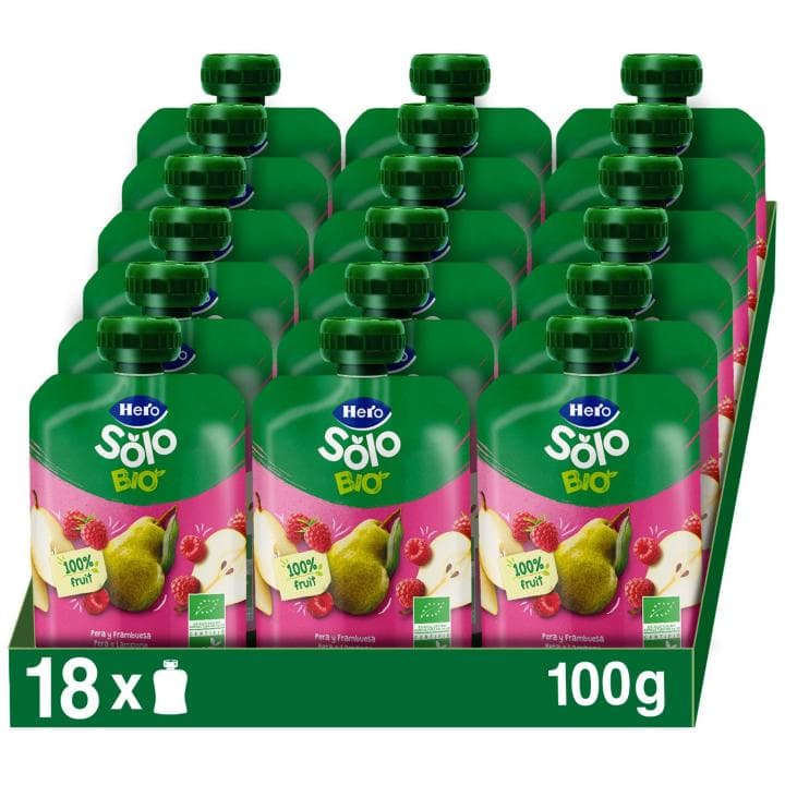 Hero Solo pack de bolsitas bio Pera y Frambuesa 100% ecológicas. Para bebés desde 4 meses. 18x100g