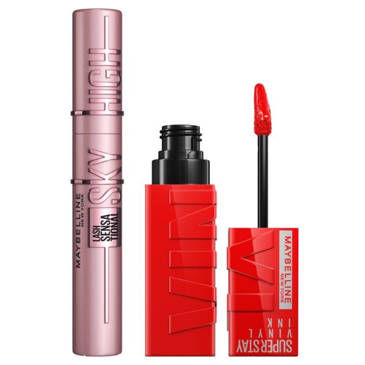 Maybelline New York | Kit rutina de maquillaje con la máscara de pestañas Sky High Tono Negro y el pintalabios Superstay Vinyl Ink efecto vinilo fijo, en Tono 35 Cheeky