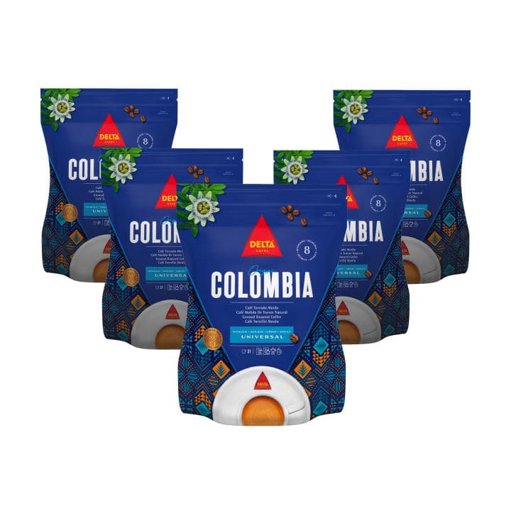 Delta Colombia - Pack Café Molido Natural Origen Colombia 5 uds x 220 gr - Ligeras Notas Cítricas y a Cacao