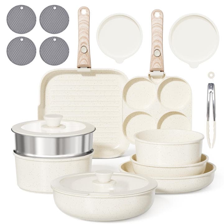 RIOVARM Juego de Ollas y Sartenes Antiadherentes con Mangos Desmontables - Compatible Inducción, Plancha y Comal - Sin PFOA para Camping