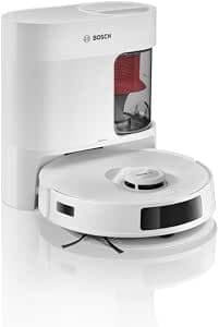 Bosch - Robot Aspirador Spotless +, aspira y friega, Potencia 11.000 Pa², Almohadilla húmeda Fija, estación Seca, Sistema Inteligente de visión por Infrarrojos, Bosch Home Connect App, Blanco, BCRD1W