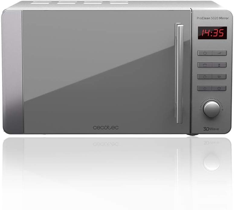 Cecotec Microondas ProClean 5020 Mirror. 700 W, Capacidad 20 L, Revestimiento Ready2Clean para mejor limpieza, Tecnología 3DWave, Diseño Efecto Espejo, Tirador Inox, 8 programas