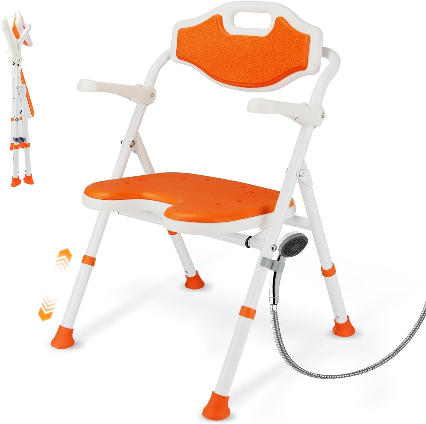 Plegable Silla Ducha Personas Mayores con Reposabrazos y Respaldo abatibles, Silla para Ducha Altura Ajustable con Soporte para Cabezal de Ducha, Capacidad de Carga 120 Kg
