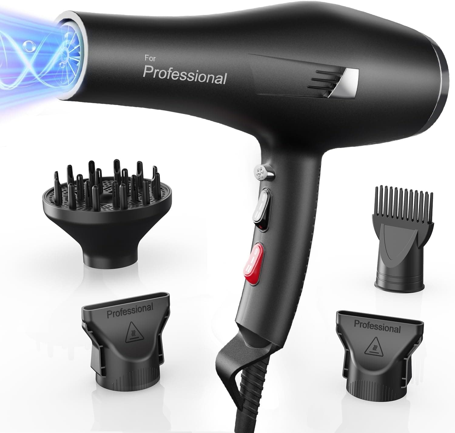Dekuri Secador Pelo Profesional, Secadores Iónico Cabello Sin Encrespamiento, Secado Rápido Salón Hair Dryer con Difusor y Boquillas, 3 Temperaturas y 2 Velocidades (Azabache)