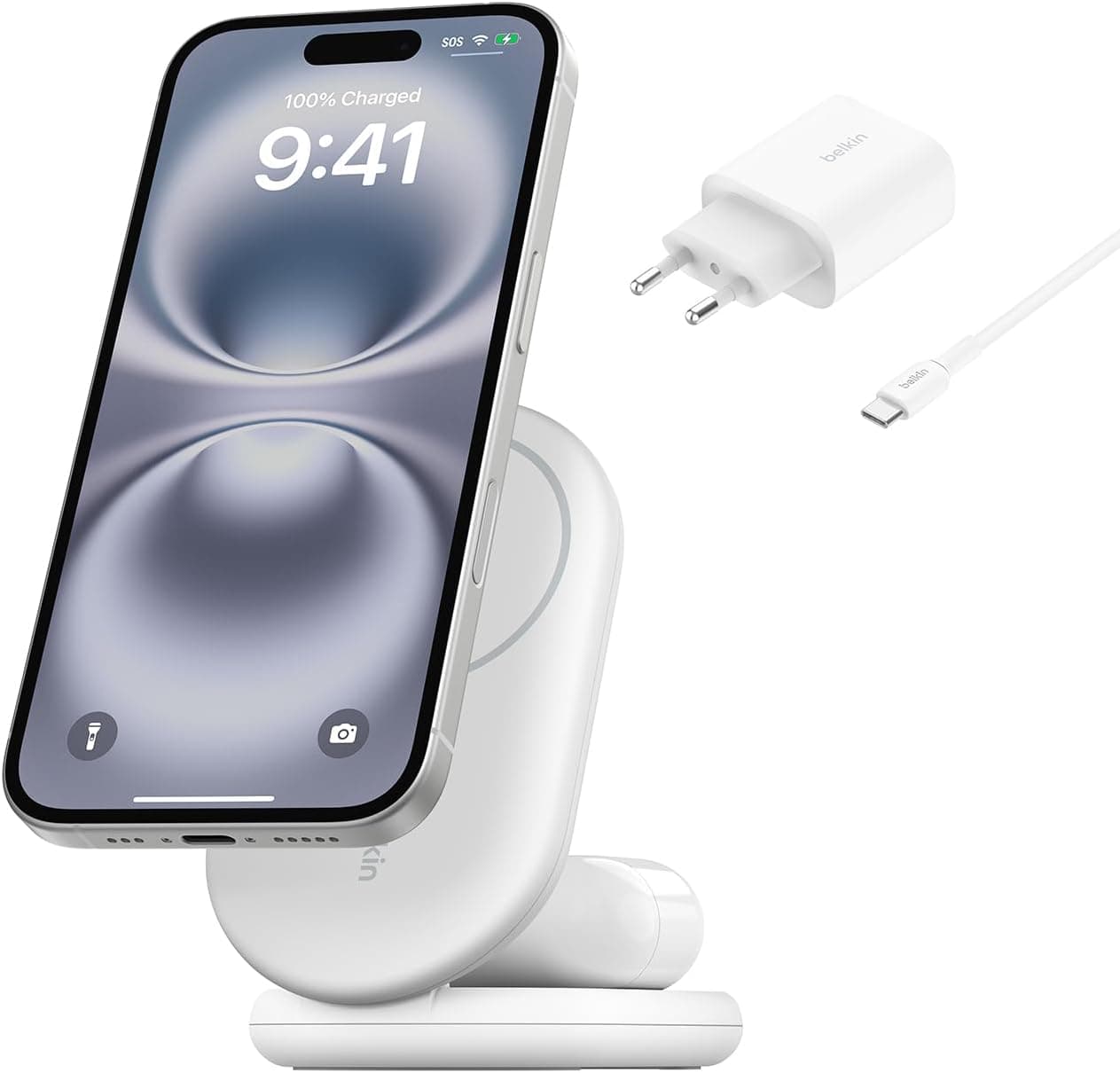Belkin BoostCharge Cargador Magnético Plegable Qi2 15W, Estación de Carga Inalámbrica Compatible con MagSafe, Carga Rápida para iPhone 17, Air, Pixelsnap, Base con Soporte Antideslizante - Blanco