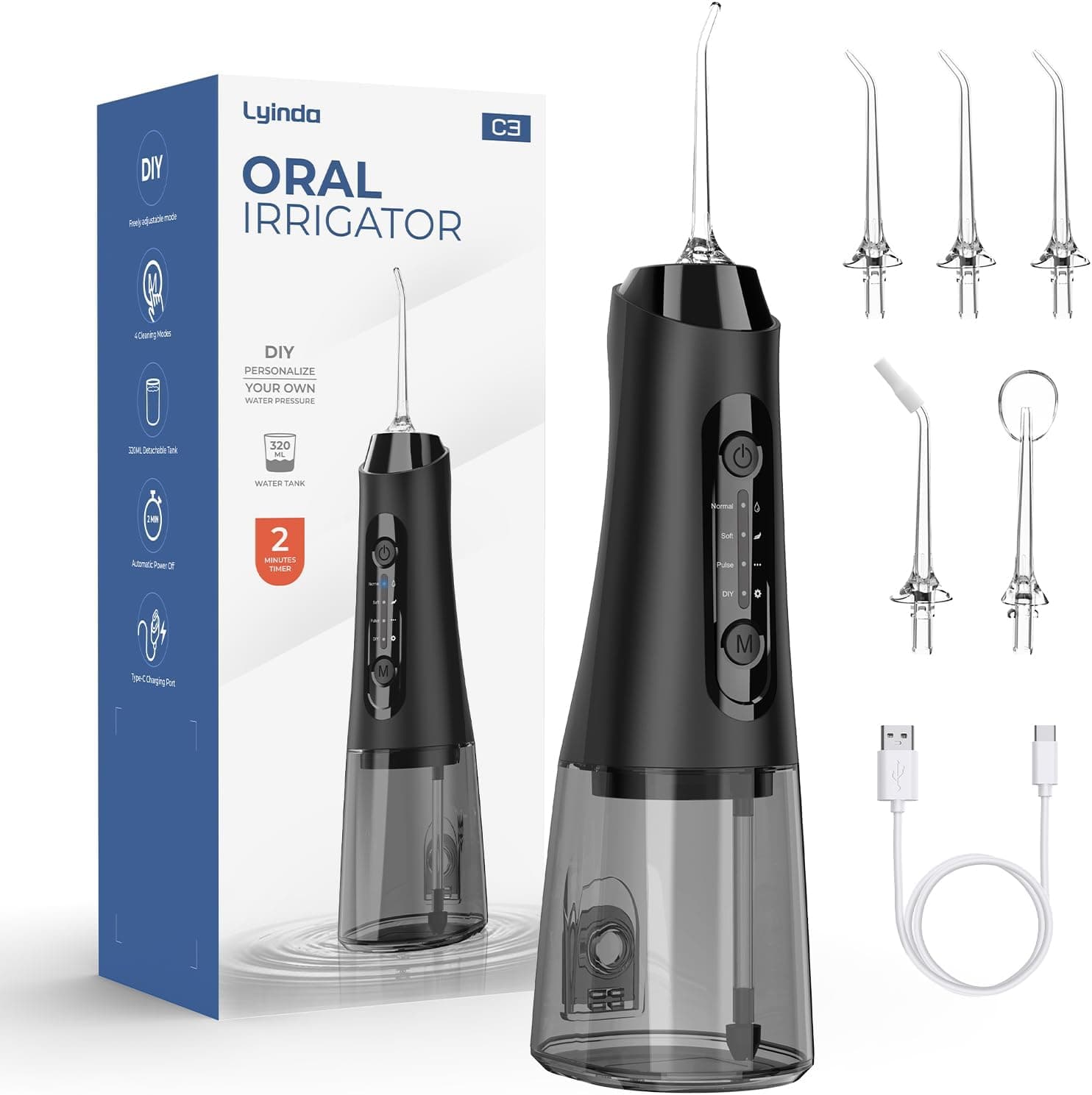 Irrigador Dental, 320 ml, 4 Modos, 5 Boquillas, IPX7, Negro