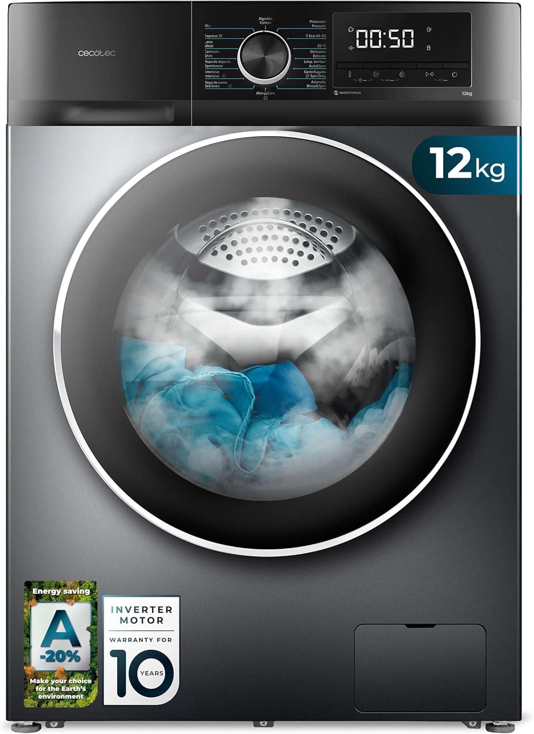 Cecotec Lavadora 12Kg Carga Frontal Bolero DressCode 12500 Inverter Steel. 1400rpm, 16 Programas, Clase A-20%, Bajo Consumo, Motor Inverter Plus, Vapor, Pearl Drum, Delay Start, Drum Clean y Stop&Go