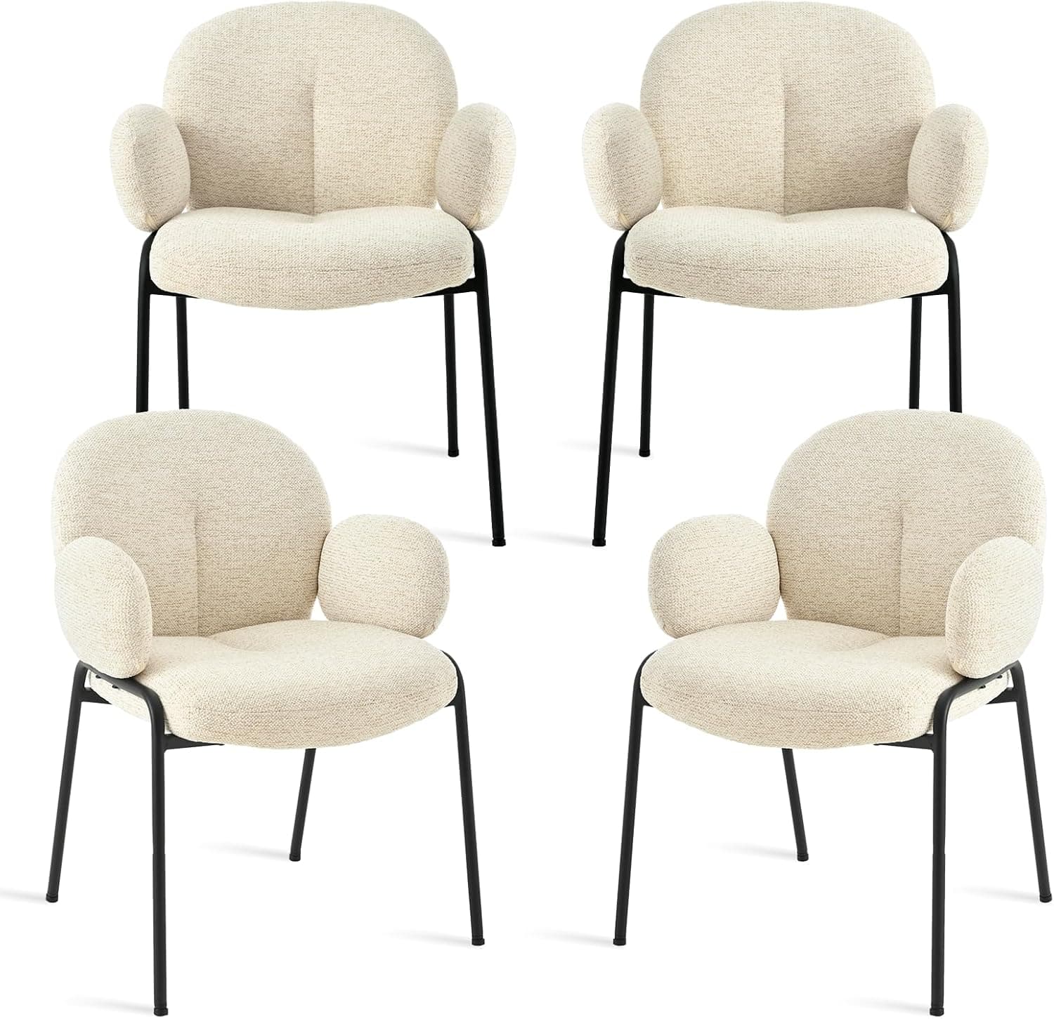 Juego de 4 sillas de Comedor con reposabrazos, Respaldo Alto, Estructura metálica, Patas Ajustables, Modernas y Acolchadas, Ideales para salón, Comedor o Dormitorio.Tela Texturizada,Beige