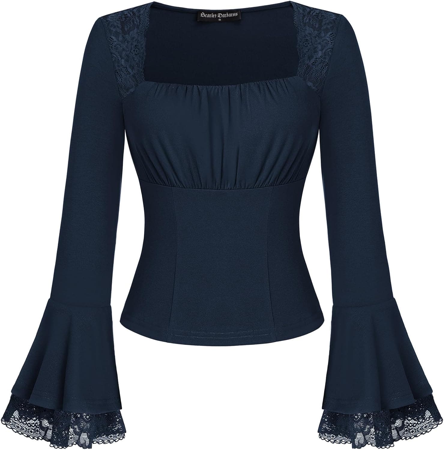 SCARLET DARKNESS Blusa de encaje victoriana ajustada gótica Y2K, cuello cuadrado, busto fruncido, camisas de manga larga