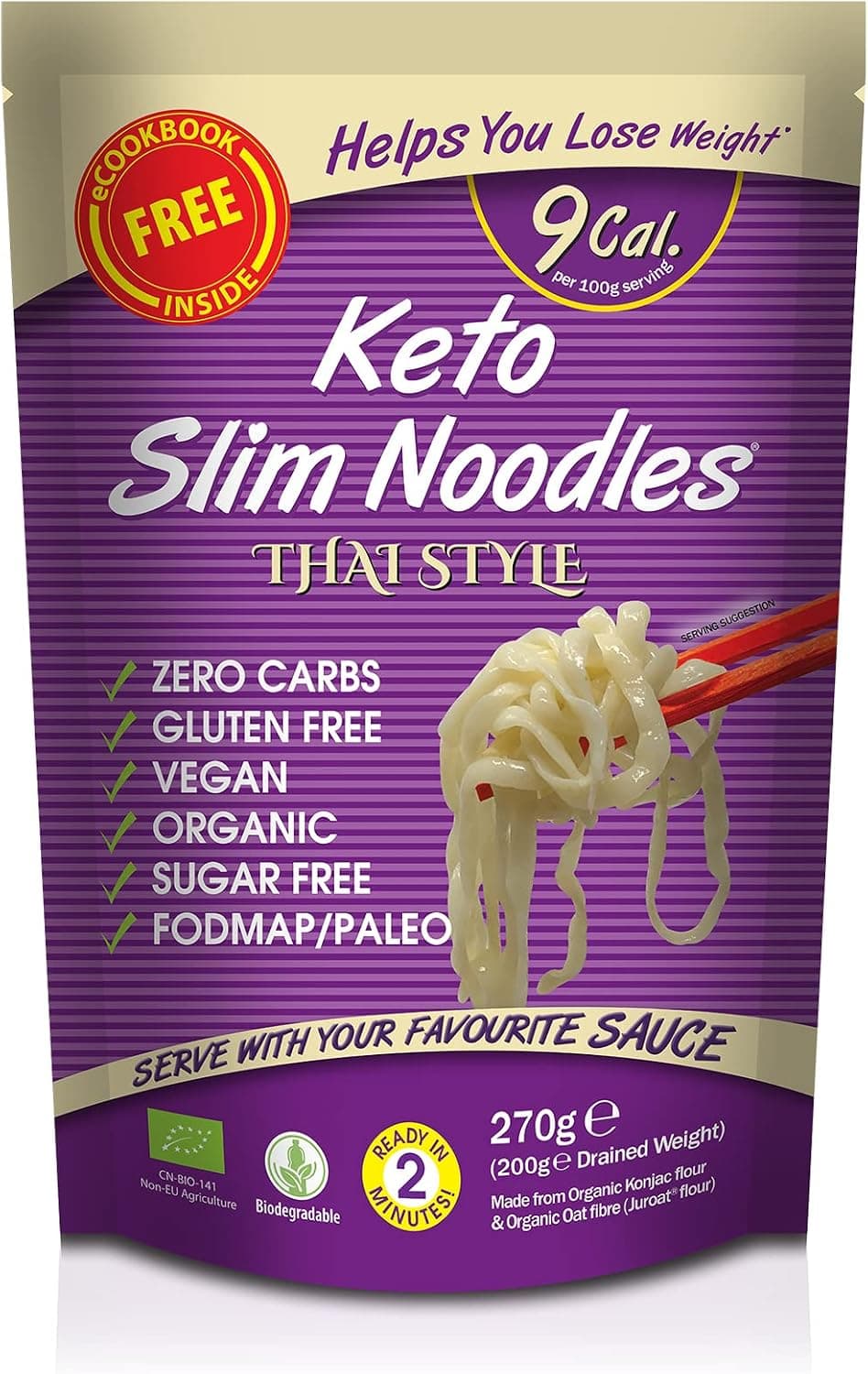 Slim Pasta - Noodles Thai Style - 270g - Pasta Vegana Baja en Calorías - Ideal para Dieta Keto