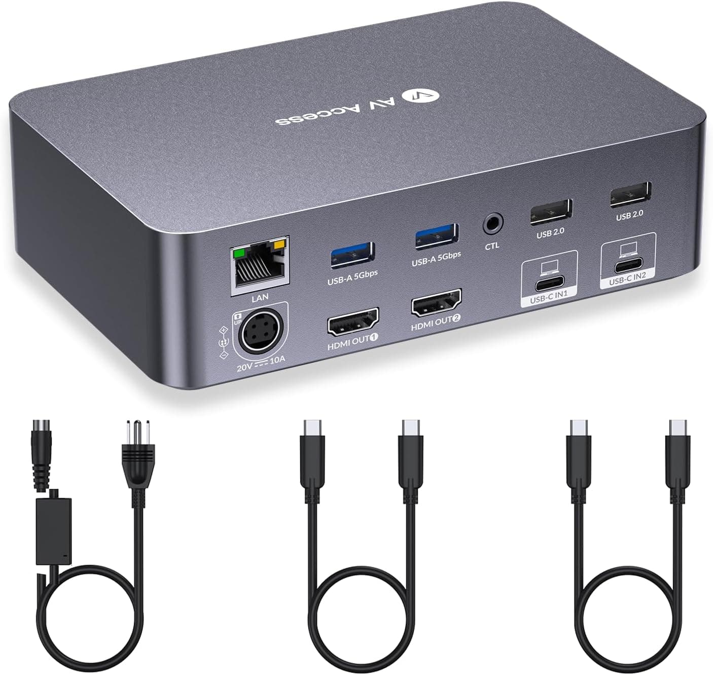 AV Access KVM Switch Dock 2 Monitores 2 Portátiles, 4K KVM Switch Doble Monitor, 2 Puertos USB‑C MST, 60W PD para Cada PC, 1G Ethernet, Emulación EDID, 2K@144Hz, 1080P@240Hz, iDock C20