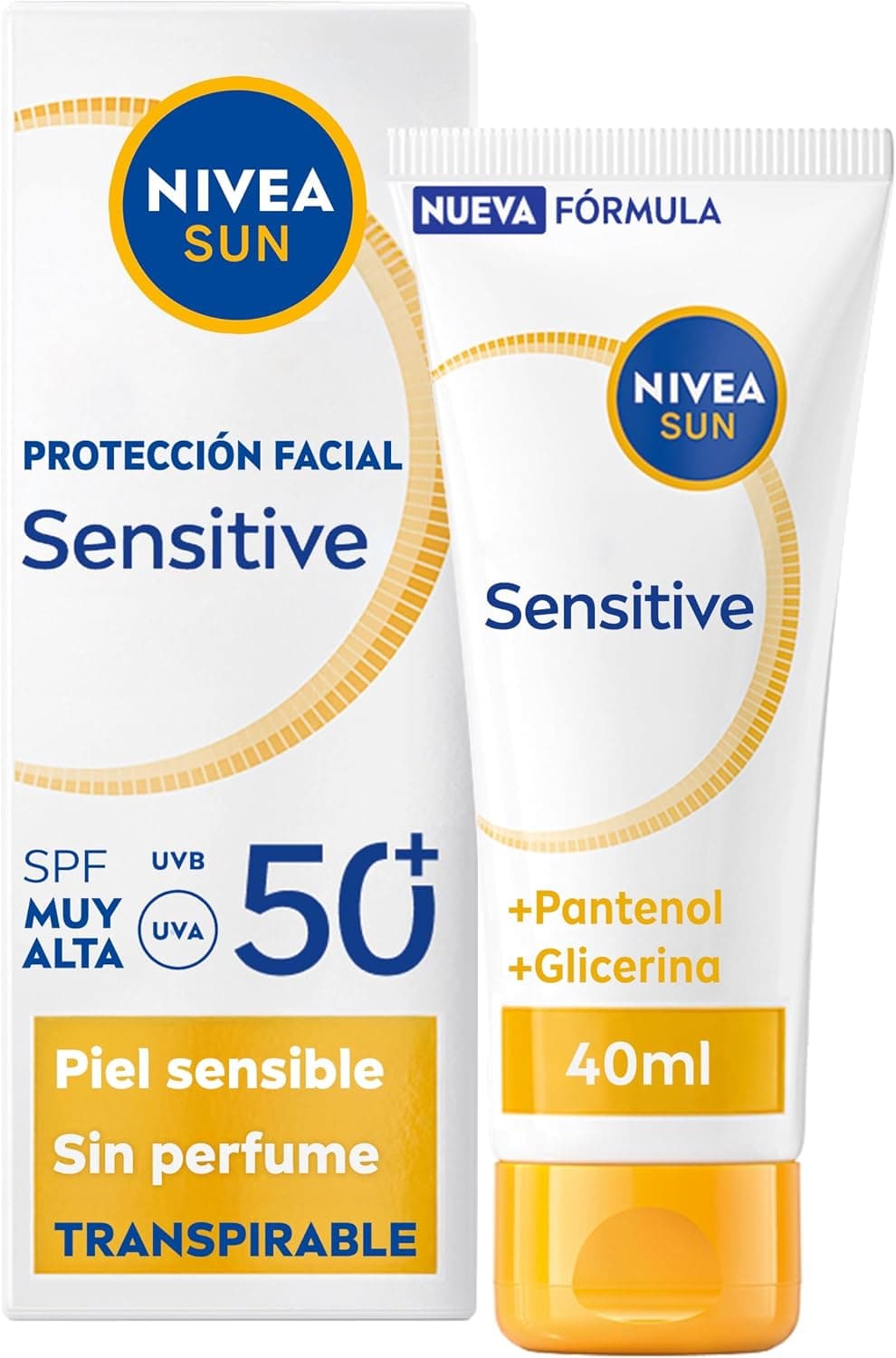 NIVEA SUN Sensitive Protección Facial SPF50+ - Crema solar facial - 3x Protección UV Transpirable Piel Sensible - Pantenol, Glicerina, Licocalcón A - Textura Ligera y 0% Sensación Grasa - 40 ml