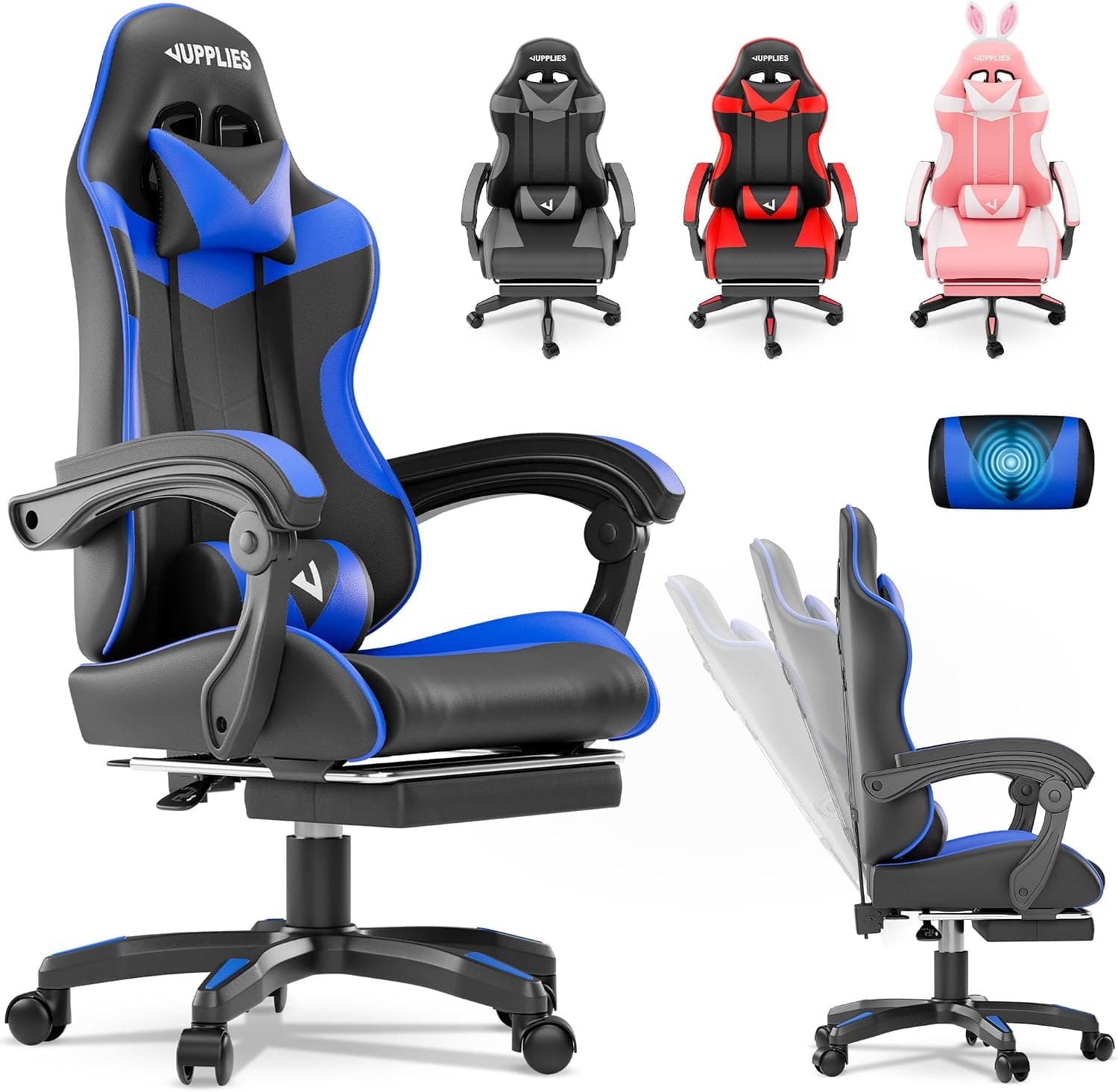 JUPPLIES Silla Gaming Profesional con Masajeador - Silla de Oficina Ergonómica, Altura Regulable y Respaldo Abatible - Silla Gamer (Azul, Acolchado Arriba, con Reposapiés)