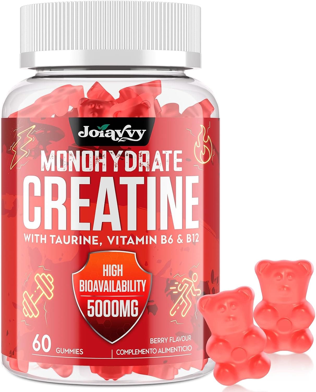 Gominolas de Creatina Monohidrato, 5000 mg de Creatina Monohidratada por cada Dosis, Potenciador Preentrenamiento, Más Práctico que el Polvo, Sabor a Bayas, Vegano (60 Unidad (Paquete de 1))