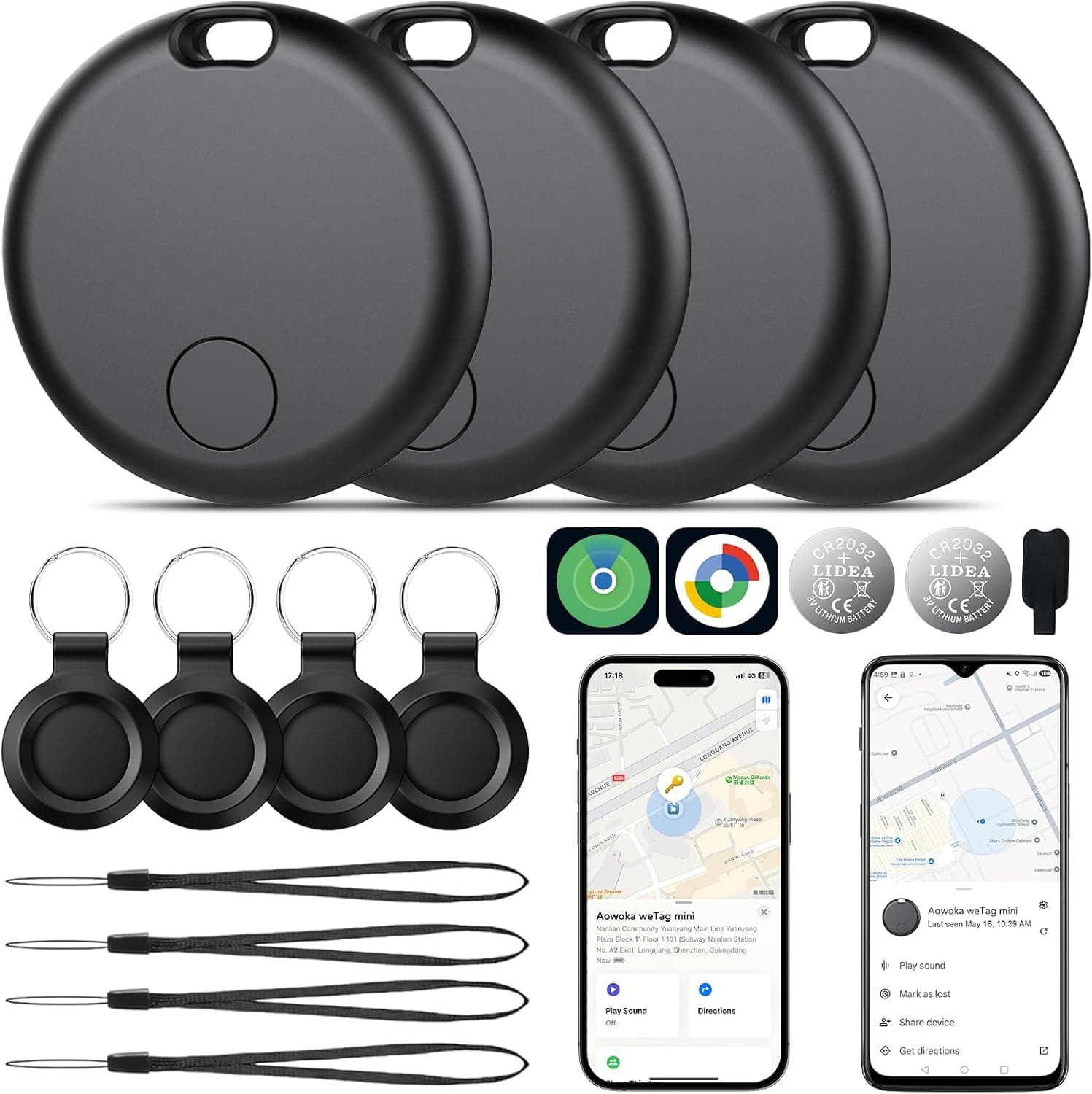 Smart Tracker Tags 4 Pack, Android Google Localizador o iOS Apple Buscar App, Localizador de Objetos Bluetooth Finder, Uso 365 días, Baterías Reemplazo, Buscador para Llaves/Carteras/Equipajes