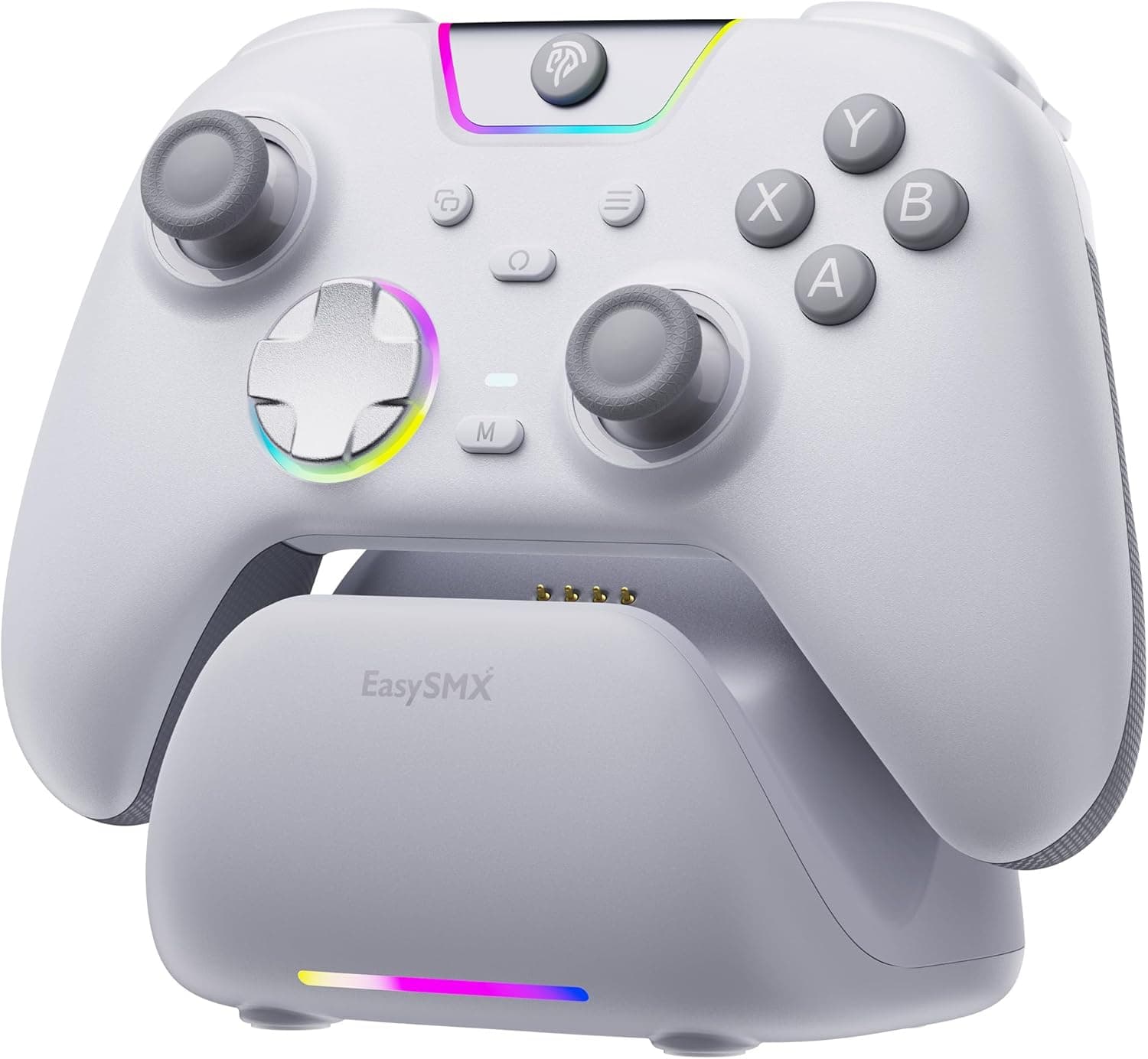 EasySMX X05Pro Mando PC Inalámbrico con Base, 1000Hz, Joysticks Hall, Botones Silenciosos, Gatillos de 2 Etapas, D-Pad 8 Direcciones, 1000mAh, 2 Botones Programables, PC/Switch/Android/iOS – Blanco.