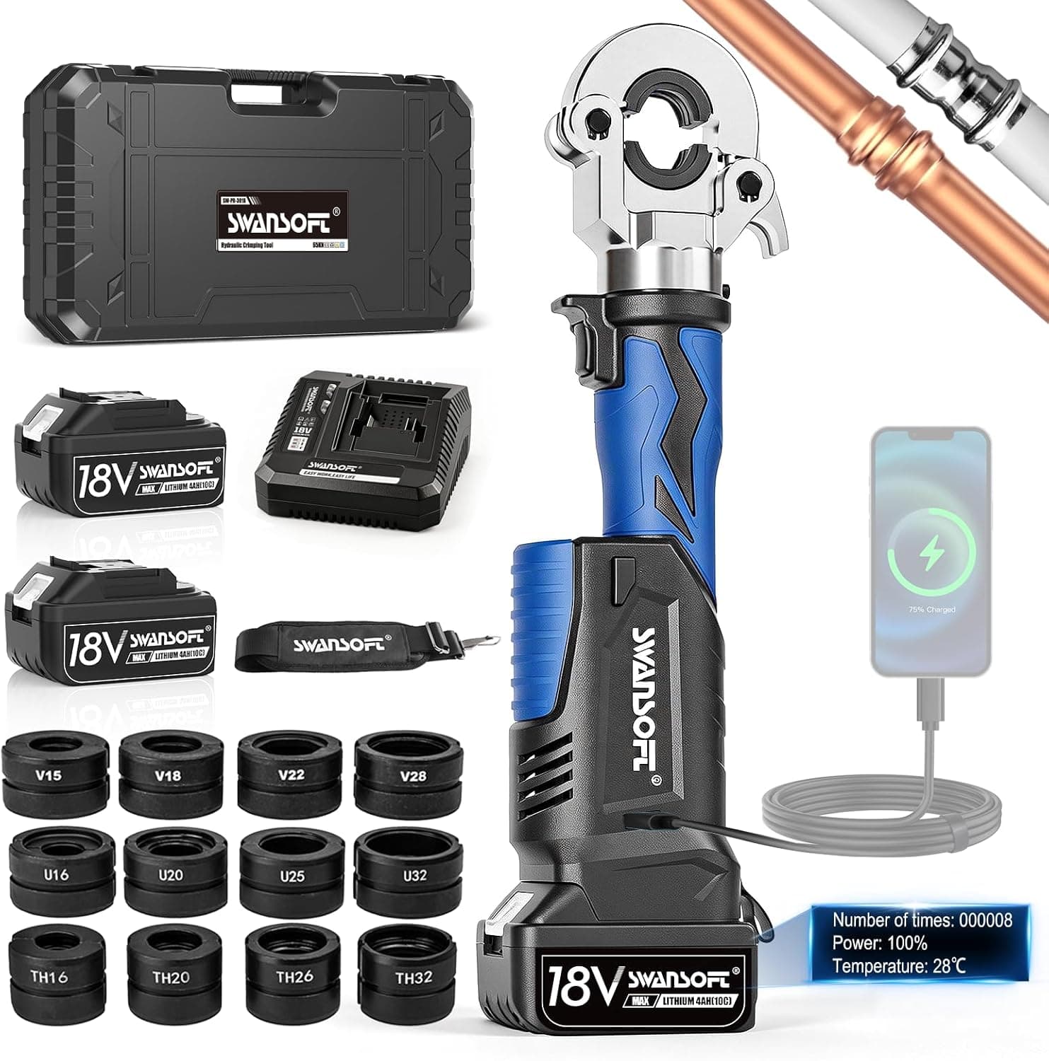 SWANSOFT 18V Prensa Hidráulica Eléctrica para Tubos con Perfil V/U/TH, Alicates de Prensa Hidráulica a Batería para Tuberías, Kit Completo con 12 Matrices V15-18-22-28 U16-20-25-32 TH16-20-26-32