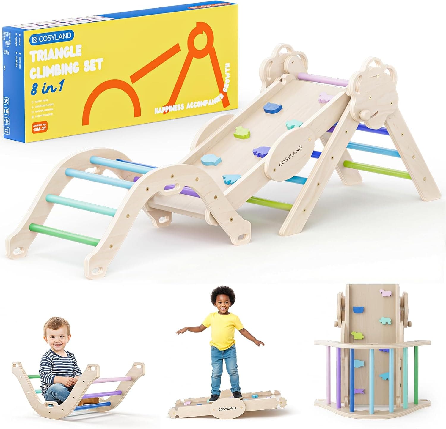 COSYLAND 8 en 1 Triángulo de Escalada Montessori con Arco y Rampa, Set Plegable Infantil, Juguete de Madera Resistente para Interior, Niños 18 Meses-6 años, Natural/Colores Fríos, Mediano