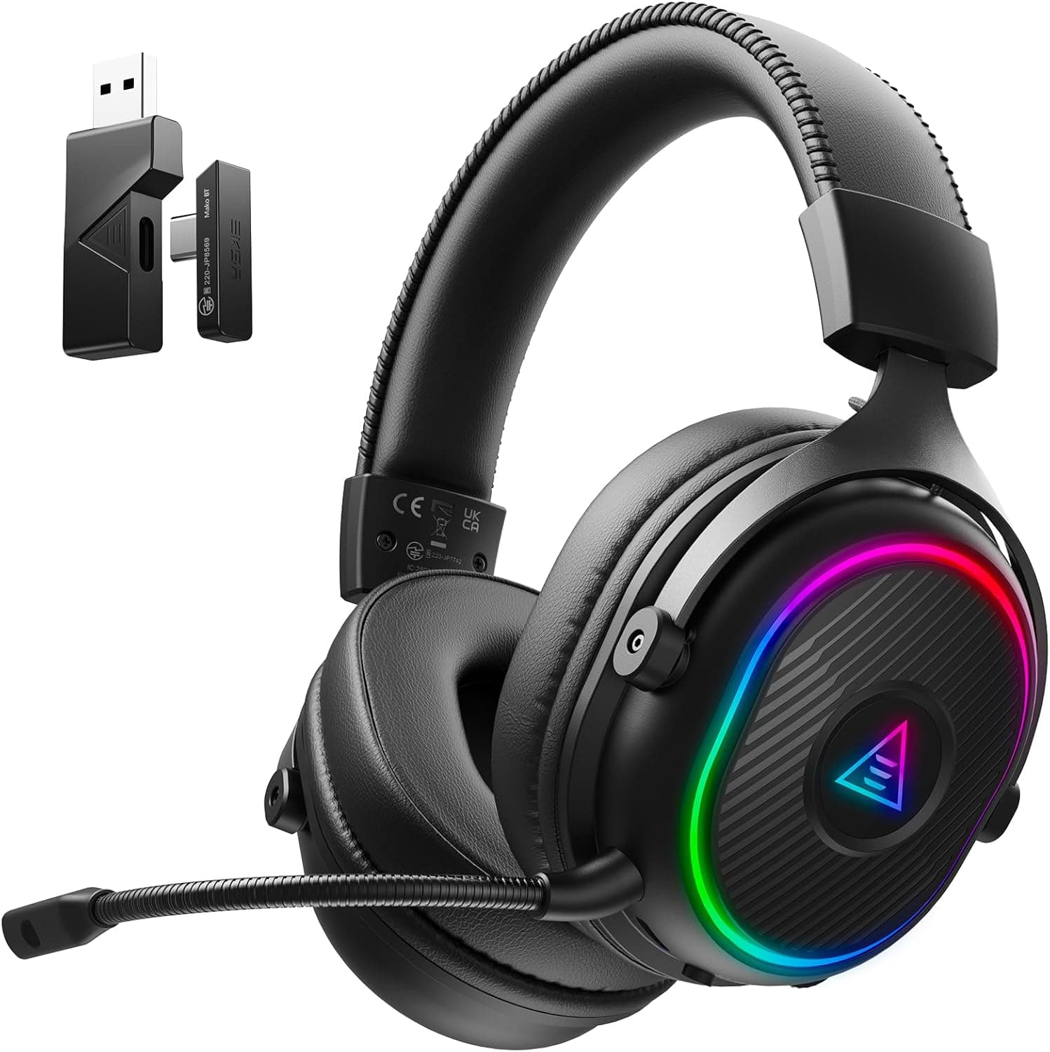 EKSA Cascos Gaming Inalámbricos para PC/Ps5/Ps4, Auriculares Gaming Inalámbricos con 2,4 GHz+BT 5,3 Modo Dual, Sonido Estéreo Cascos con Microfono, Cascos con Luz RGB, Duración 80Hr+