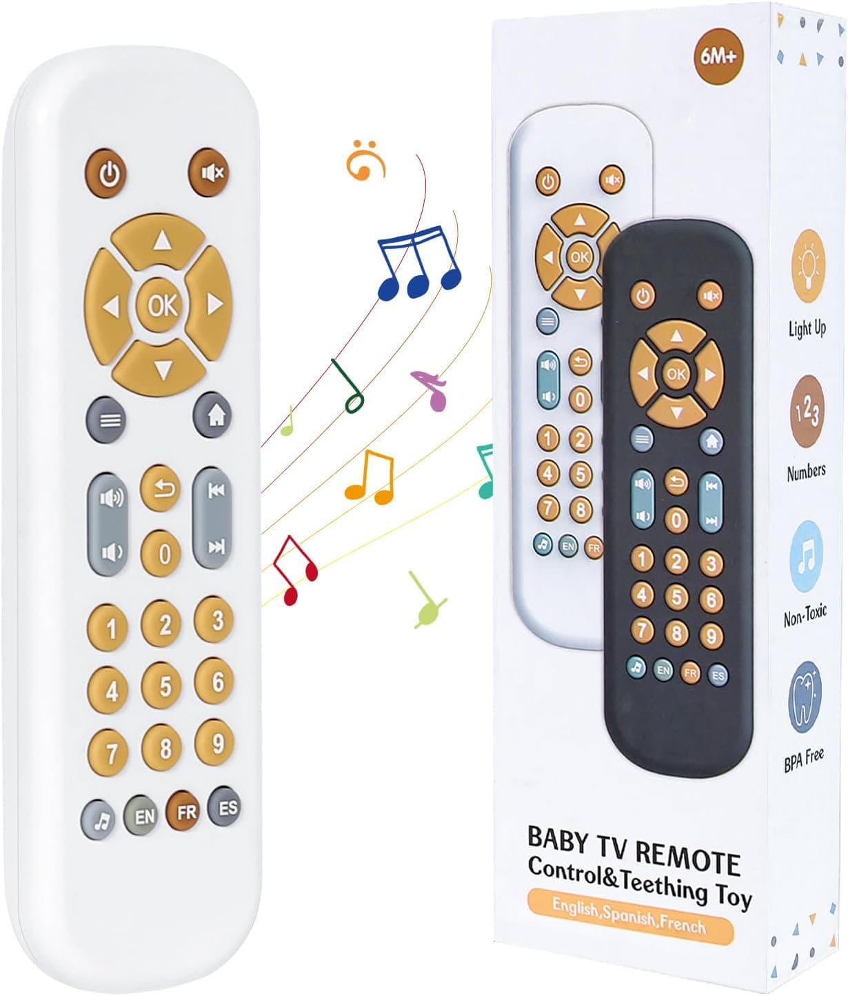 Orzbow Mando Juguete Bebe, Juguetes Bebe 6 Meses de Volumen Ajustable, Juguetes Sensoriales para Bebés con Botones Multiformes, 3 Idiomas Musical Juguetes Niños 1 Año, Blanco Elegante