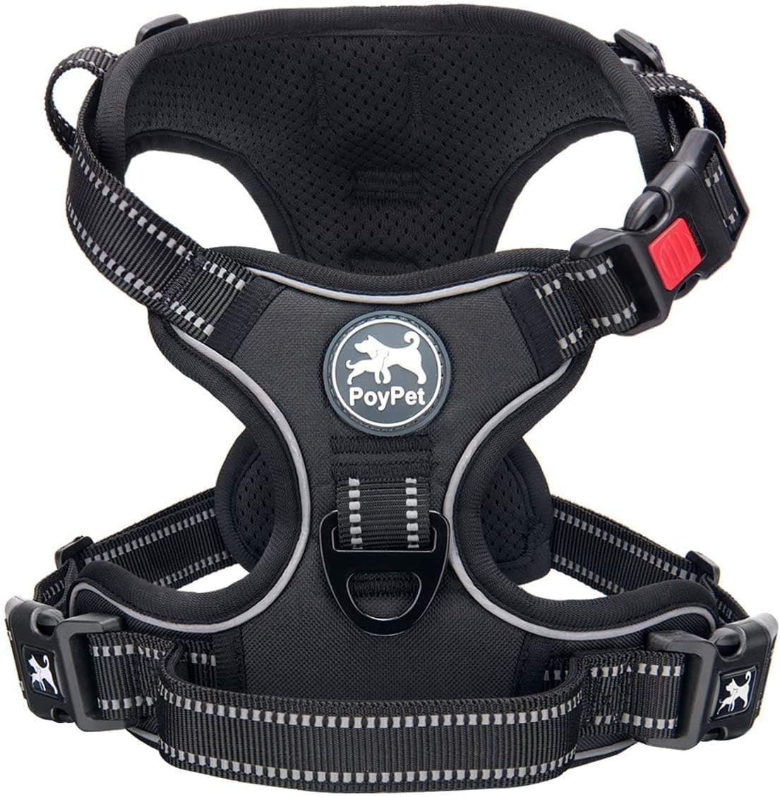 PoyPet arnés para perros sin tirones, chaleco reflectante frontal para mascotas con asa de control fácil y parte trasera perfecta para entrenamiento diario, paseos, running (Negro, S)