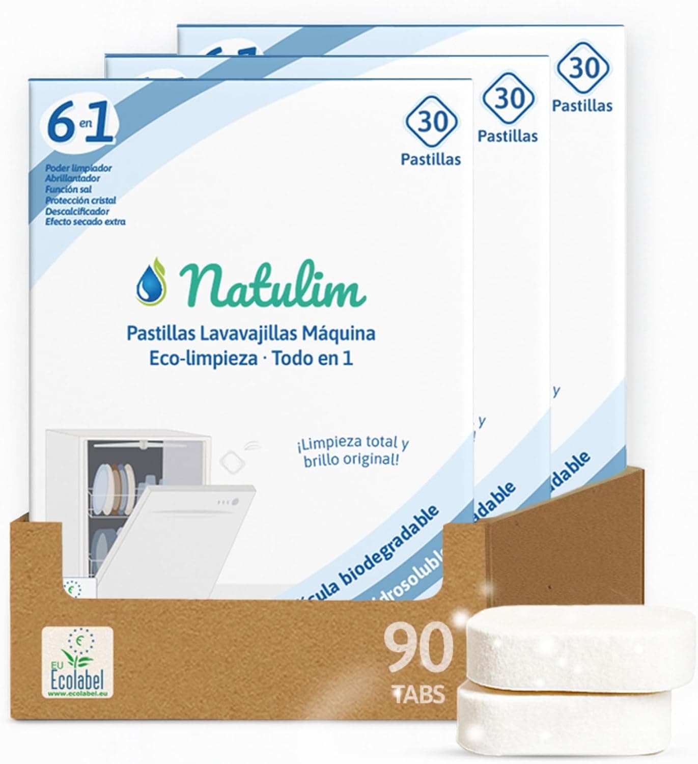 Natulim Pastillas de Lavavajillas 90 Usos - Biodegradables e Hidrosolubles 6 en 1 - Limpieza Profunda, Abrillantador, Función Sal, Protección Cristal, Descalcificador, Efecto Secado Extra - 3 Pack