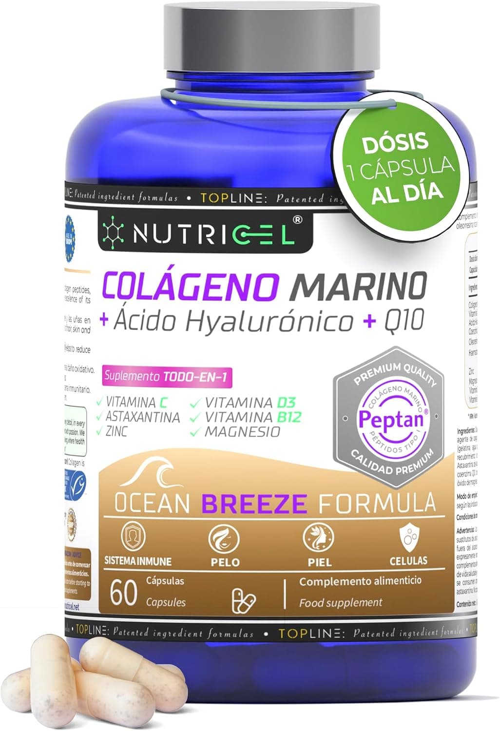 Colágeno Marino Hidrolizado Peptan® + Ácido hialuronico + Magnesio + Astaxantina + CoQ10 + Zinc + Vitaminas C, D3 y B12 - Articulaciones Fuertes, Piel Tersa y Energía - Probado en laboratorio