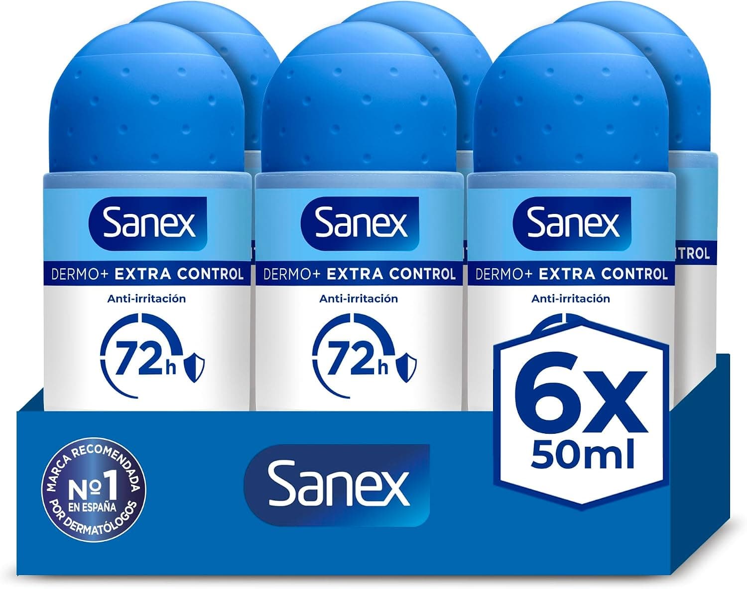 Sanex Dermo+ Extra Control Desodorante Antitranspirante Roll-On 72 Horas 6x50 ml– protección efectiva contra el sudor y el mal olor – dermatológicamente testado– contiene 0% alcohol*