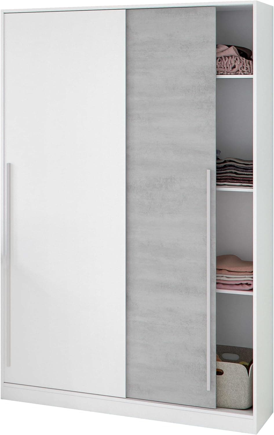 Habitdesign Armario 2 Puertas Correderas con Estantes y Barra, 200x120x50 (AltoxAnchoxFondo - en cm), Color Blanco Artik y Cemento, Modelo Indira