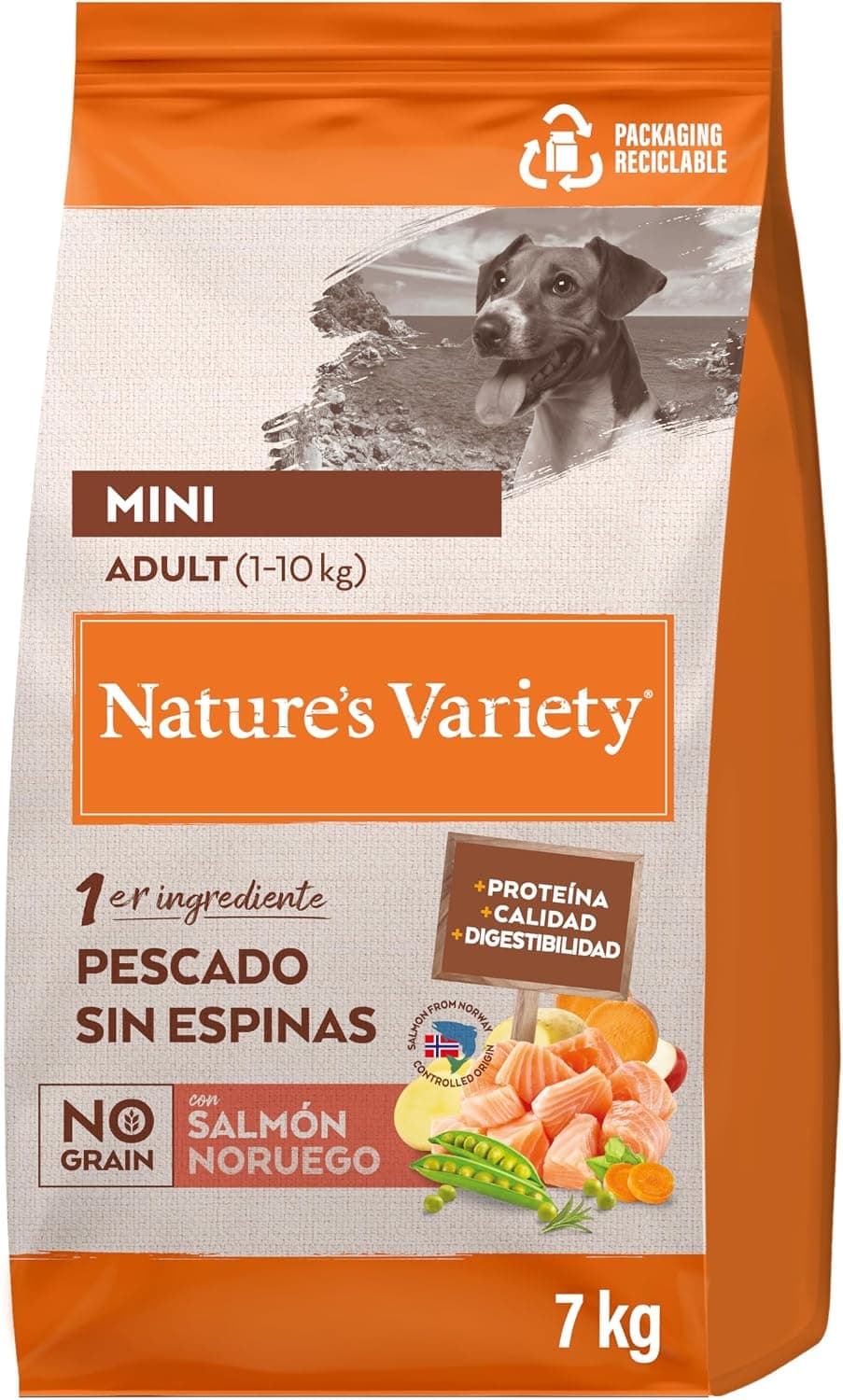 Nature's Variety No Grain Pienso para Perros Adultos con Mini con Salmón Noruego - 7kg, El embalaje puede variar (cambio de diseño)