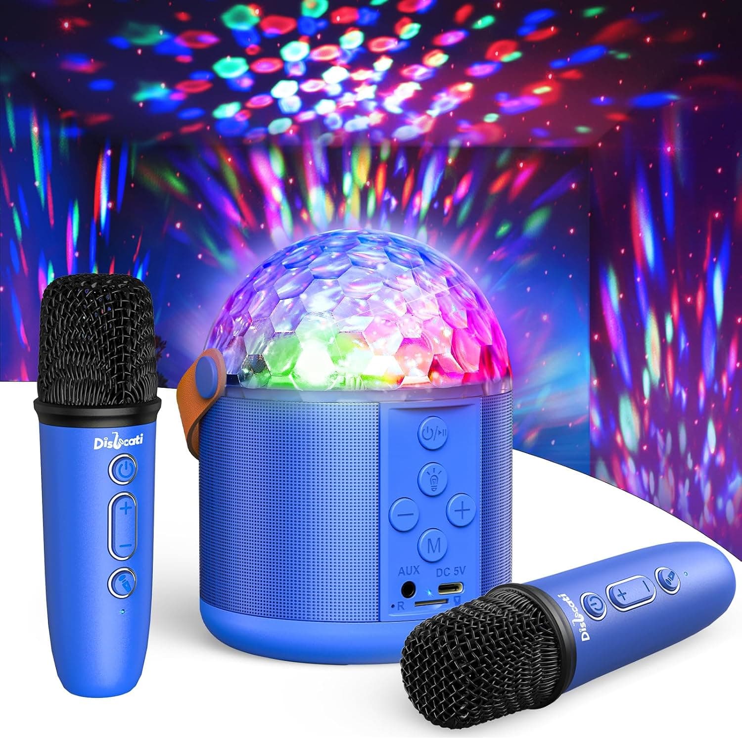 Microfono Karaoke Regalo Niño 3 4 5 6-12+ Años, Karaoke 2 Microfonos Inalambricos Bola de Discoteca con Efectos de Luces LED Frontales Karaoke Niña Adultos Microfono Juguetes para Niñas (Azul)