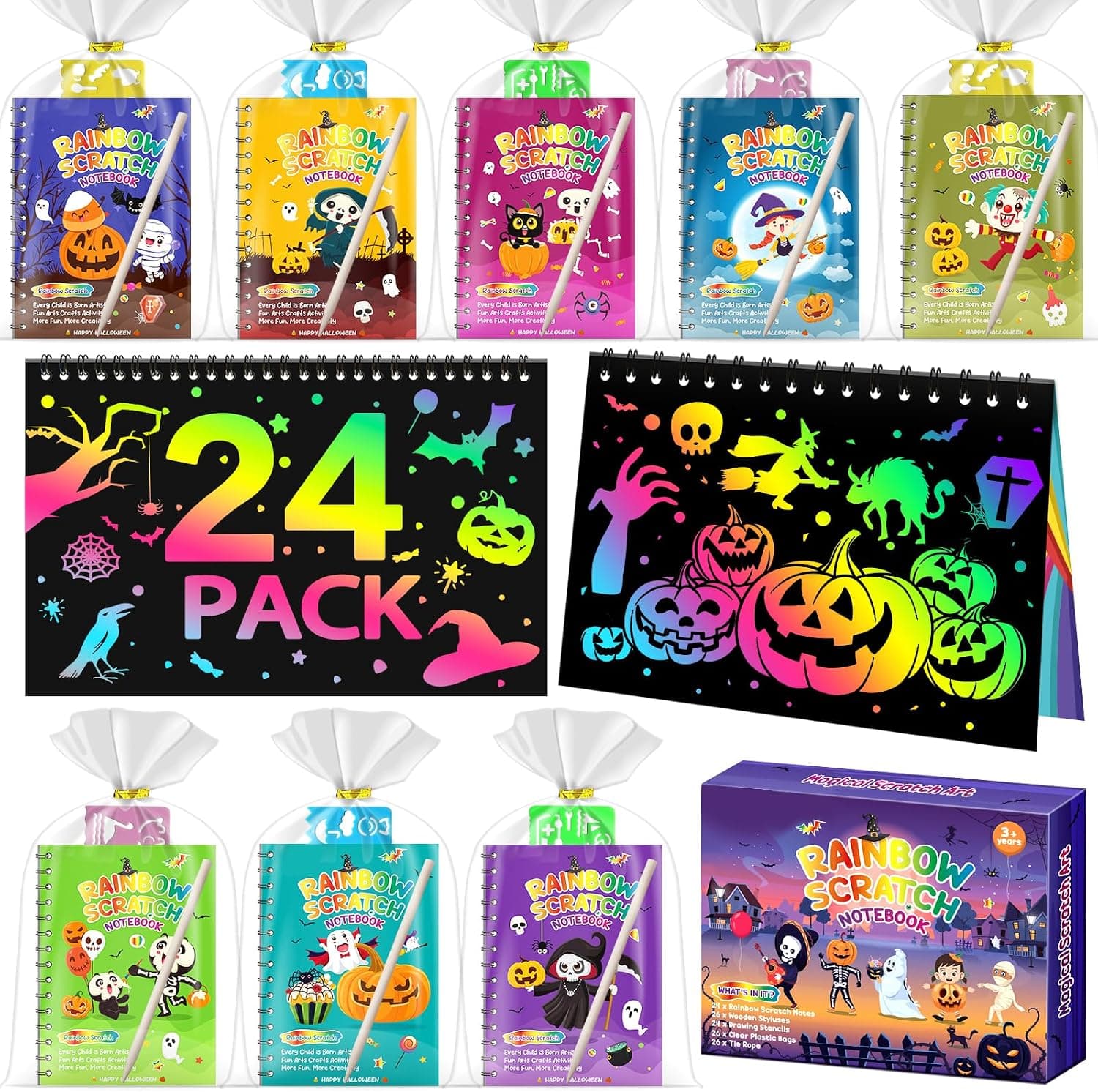 24 Kits Halloween Scratch Art para Niños, Detalles Cumpleaños Niños