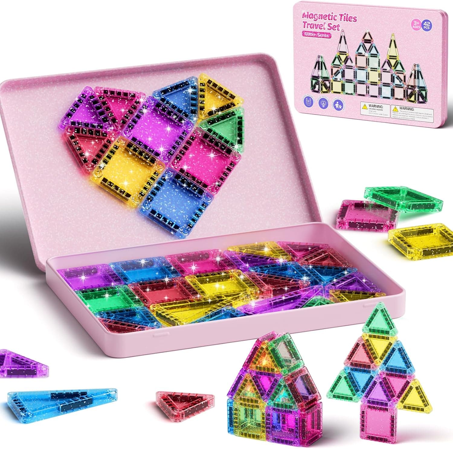 Juego de construcción de Azulejos magnéticos con Purpurina, 42 Piezas de Juguete de Viaje para niños, Azulejos magnéticos con Base de Caja de Hierro, Bloques de construcción magnéticos