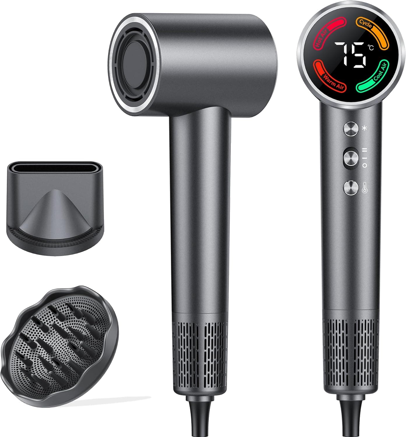 Secador de pelo de alta velocidad, secador de pelo de iones de 160.000 rpm, pantalla LED, secador de pelo de 500 millones de iones negativos, 56 dB de control de temperatura NTC silencioso, secado