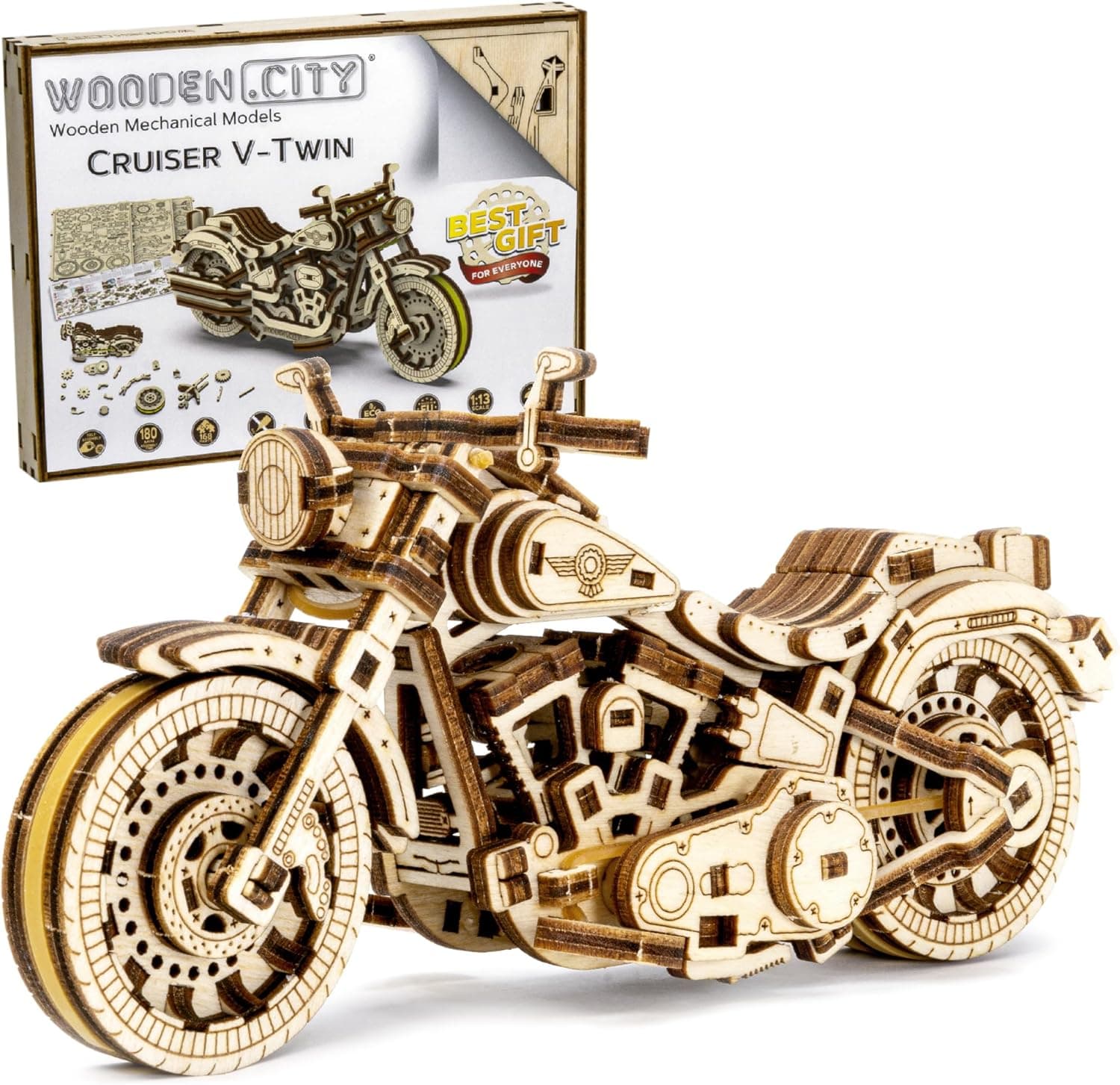 WOODEN.CITY Cruiser V-Twin, Puzzle 3D de Madera para Adultos, Maqueta de Moto para Montar, Kit Mecánico 168 Piezas con Motor de Goma, Regalo para Hombres