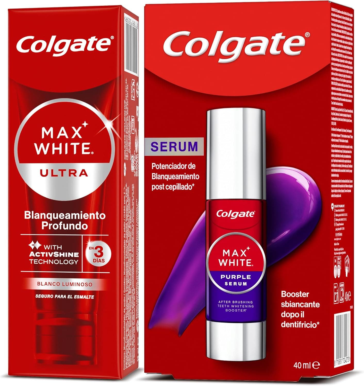 Colgate - Pack Sérum Blanqueador Dental Instantantáneo + Pasta de Dientes Blanqueadora Max White Ultra Active Foam - Con Flúor - Elimina las Manchas y Corrige el Color - Esmalte Seguro