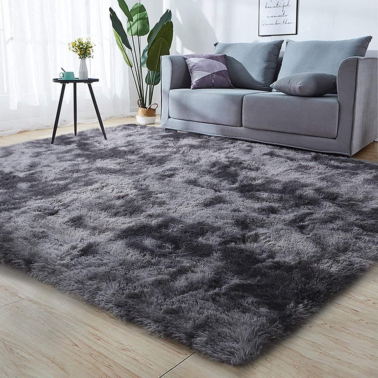 Alfombra Salon para Sala de Estar Dormitorio,Alfombra Habitacion de Adolescente Niño y Niña,Pelo Largo Moderna Suave Antideslizante Grande(Negro Gris, 80x120 cm)