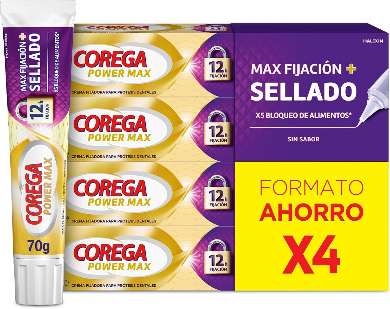 Corega Max Fijación + Sellado, Crema Fijadora Prótesis Dentales, 4x70 g